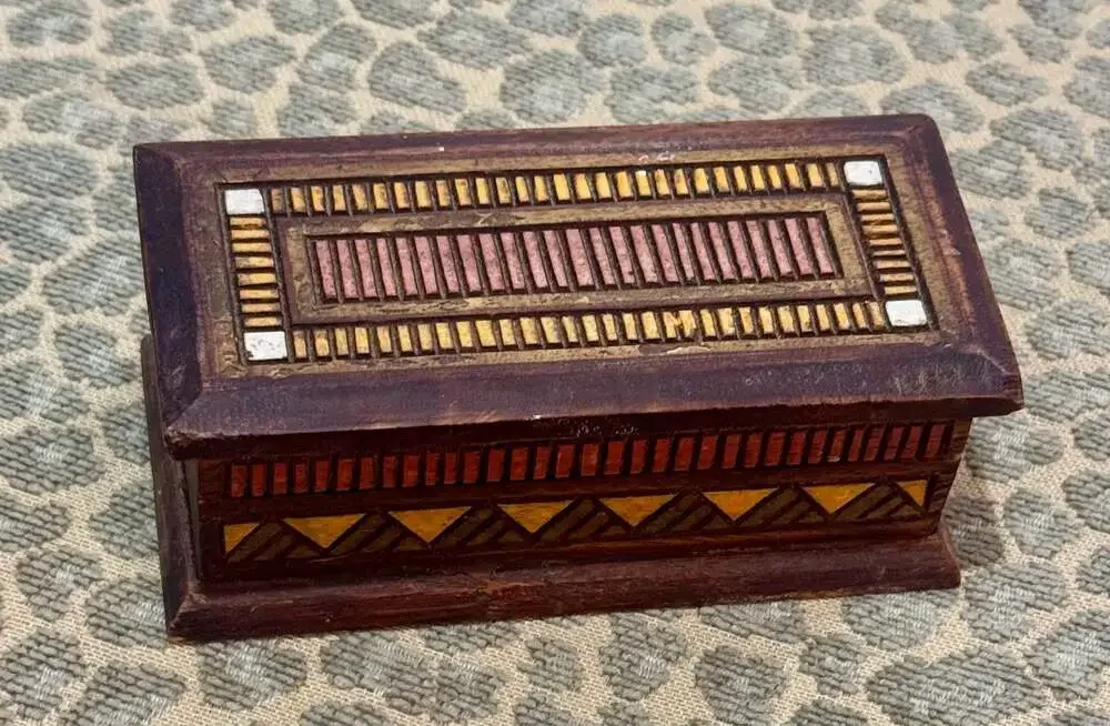 VTG Hand-Inlaid Marquetry Wood Trinket Jewelry Box w/Geometric Mosaic Patterns